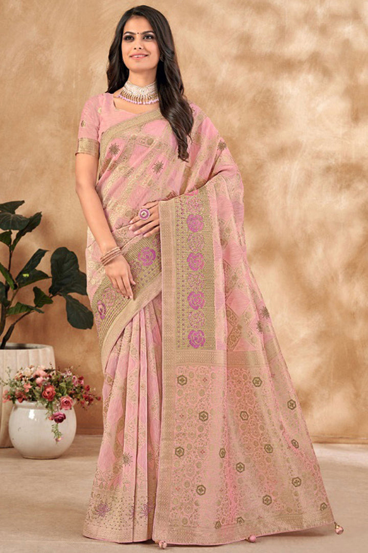 Foil Printed Work On Captivating Kora Silk Fabric Saree In Pink Color