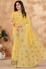 Load image into Gallery viewer, Yellow Color Fantastic Kora Silk Fabric Saree With Foil Printed Work

