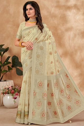 Foil Printed Work On Beige Color Trendy Kora Silk Fabric Saree