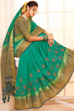 Load image into Gallery viewer, Art Silk Fabric Beautiful Sea Green Color Saree With Resham Embroidered Work
