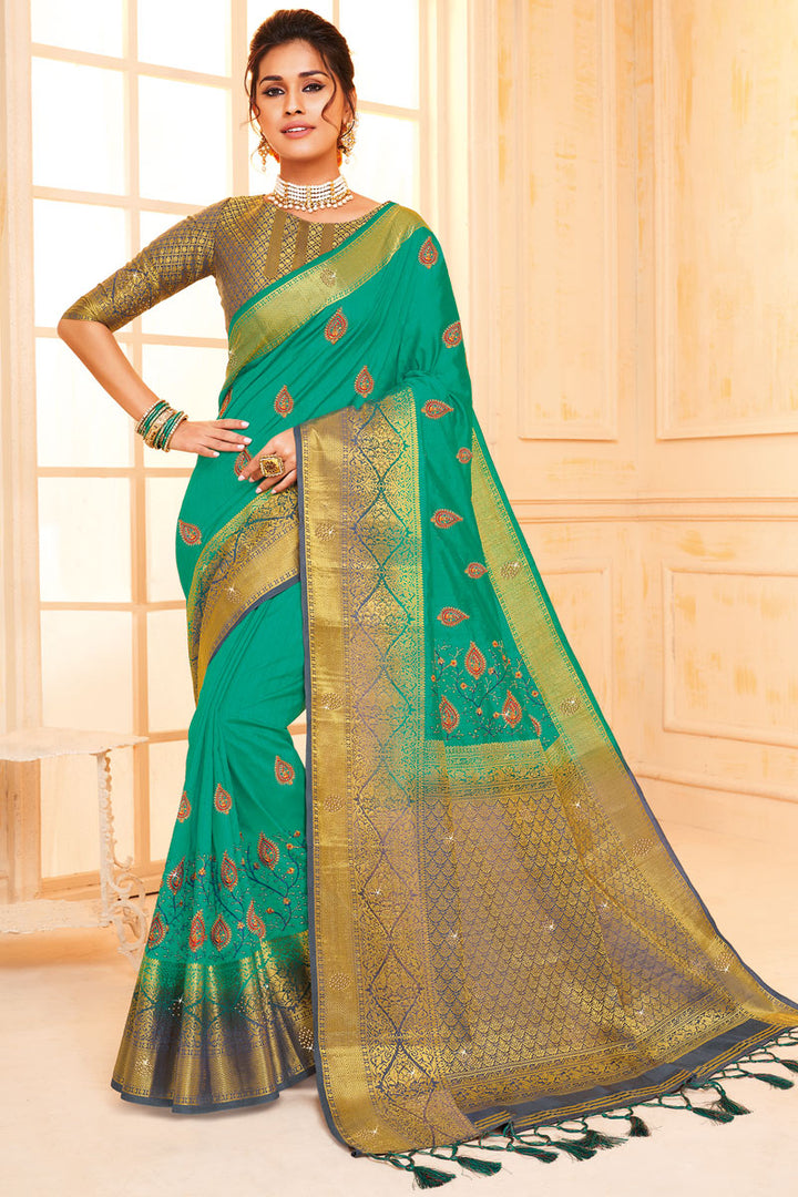 Art Silk Fabric Beautiful Sea Green Color Saree With Resham Embroidered Work