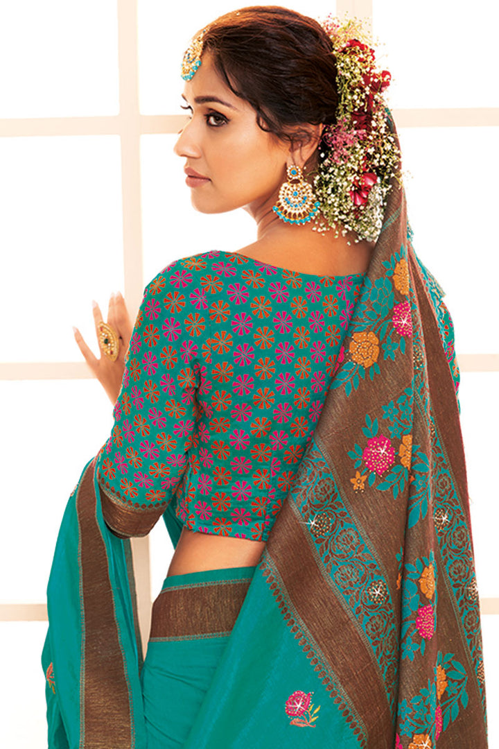 Resham Embroidered Work On Teal Color Art Silk Fabric Function Wear Saree