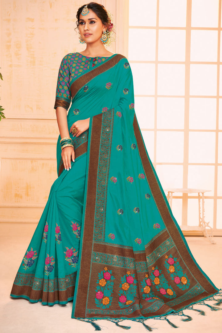 Resham Embroidered Work On Teal Color Art Silk Fabric Function Wear Saree
