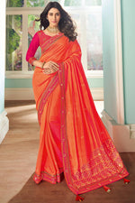 Load image into Gallery viewer, Sangeet Wear Orange Color Art Silk Fabric Embroidery Work Saree
