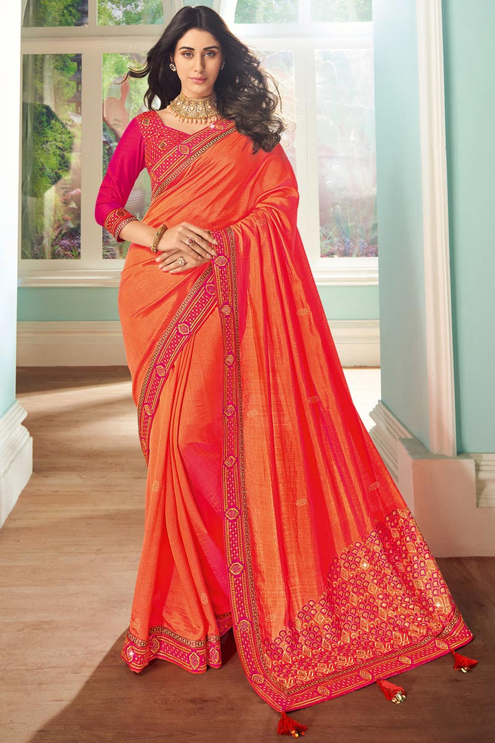 Sangeet Wear Orange Color Art Silk Fabric Embroidery Work Saree