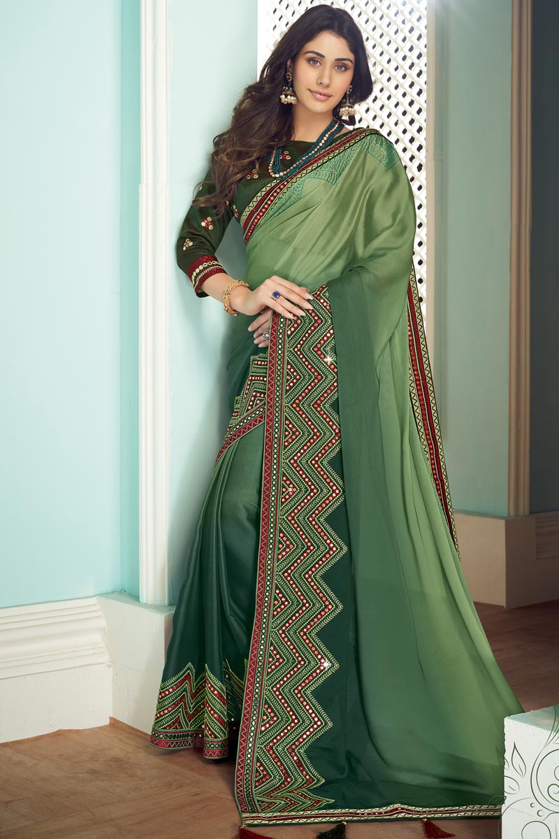 Satin Fabric Party Wear Saree In Green Color