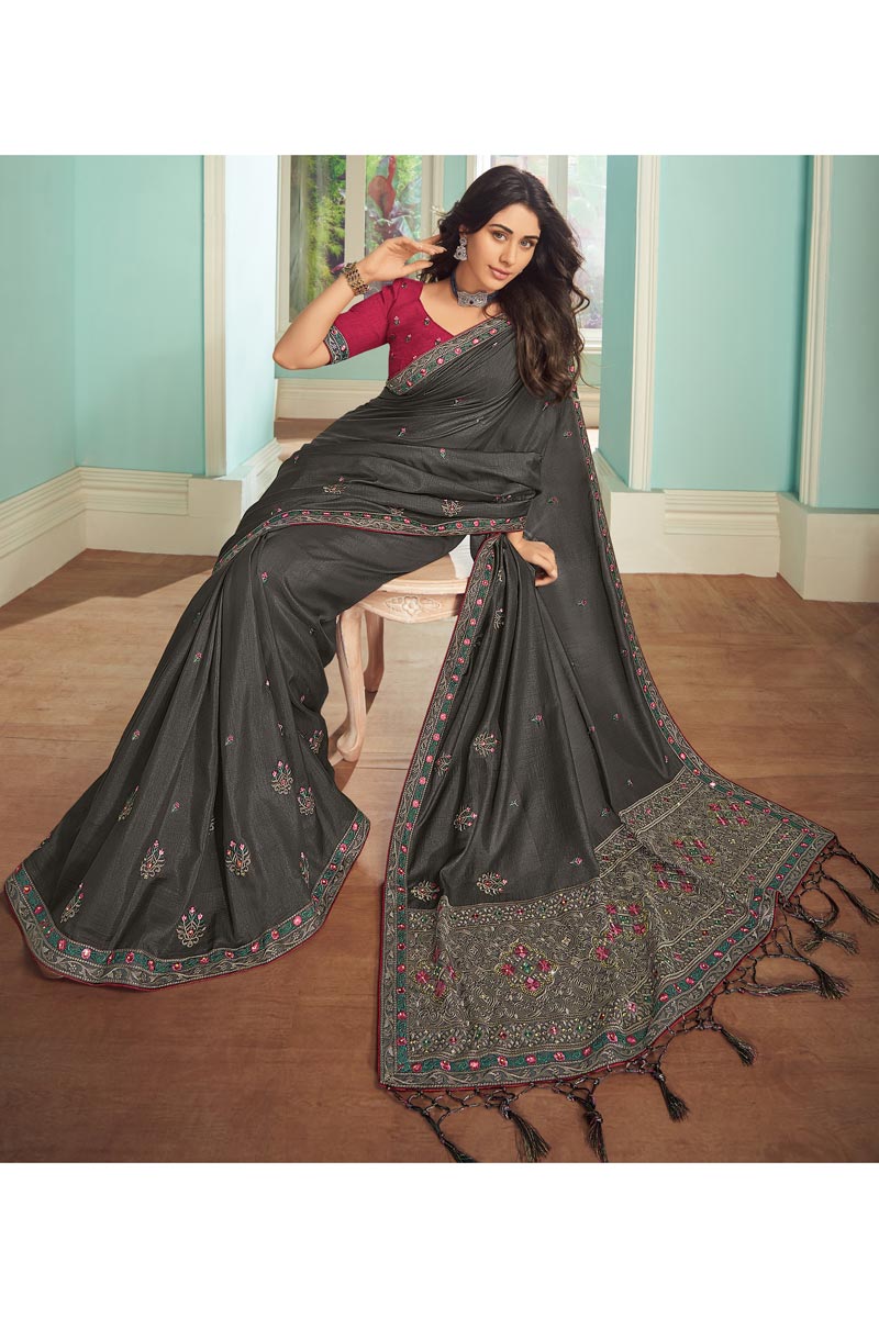 Grey Color Traditional Saree In Fancy Art Silk Fabric
