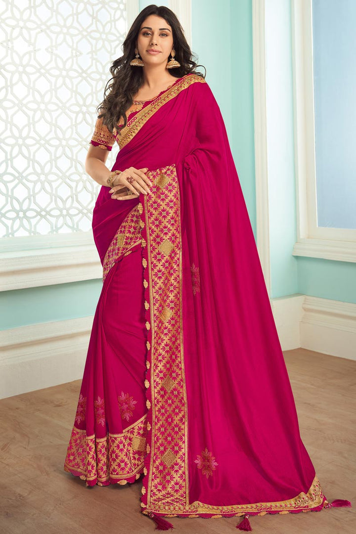 Fancy Art Silk Fabric Rani Color Designer Saree