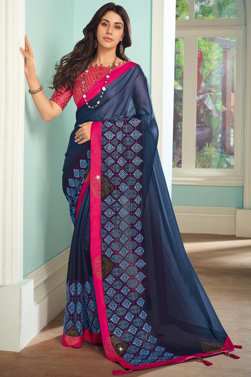 Satin Fabric Navy Blue Color Designer Saree