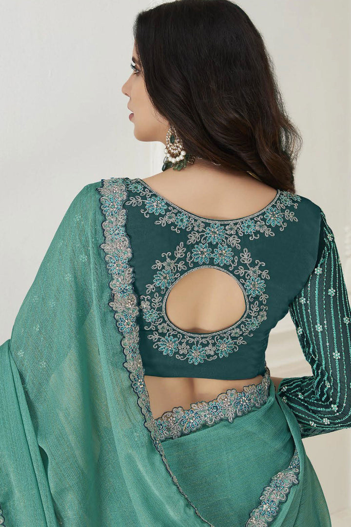 Chiffon Fabric Sea Green Color Pleasance Saree With Embroidered Work