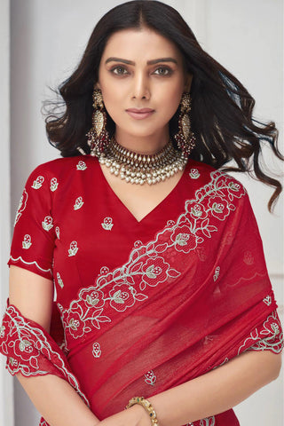 Chiffon Fabric Red Color Riveting Saree With Embroidered Work