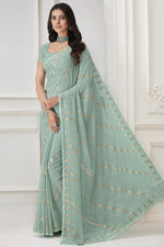 Load image into Gallery viewer, Georgette and Chiffon Fabric Light Cyan Color Excellent Saree With Embroidered Work
