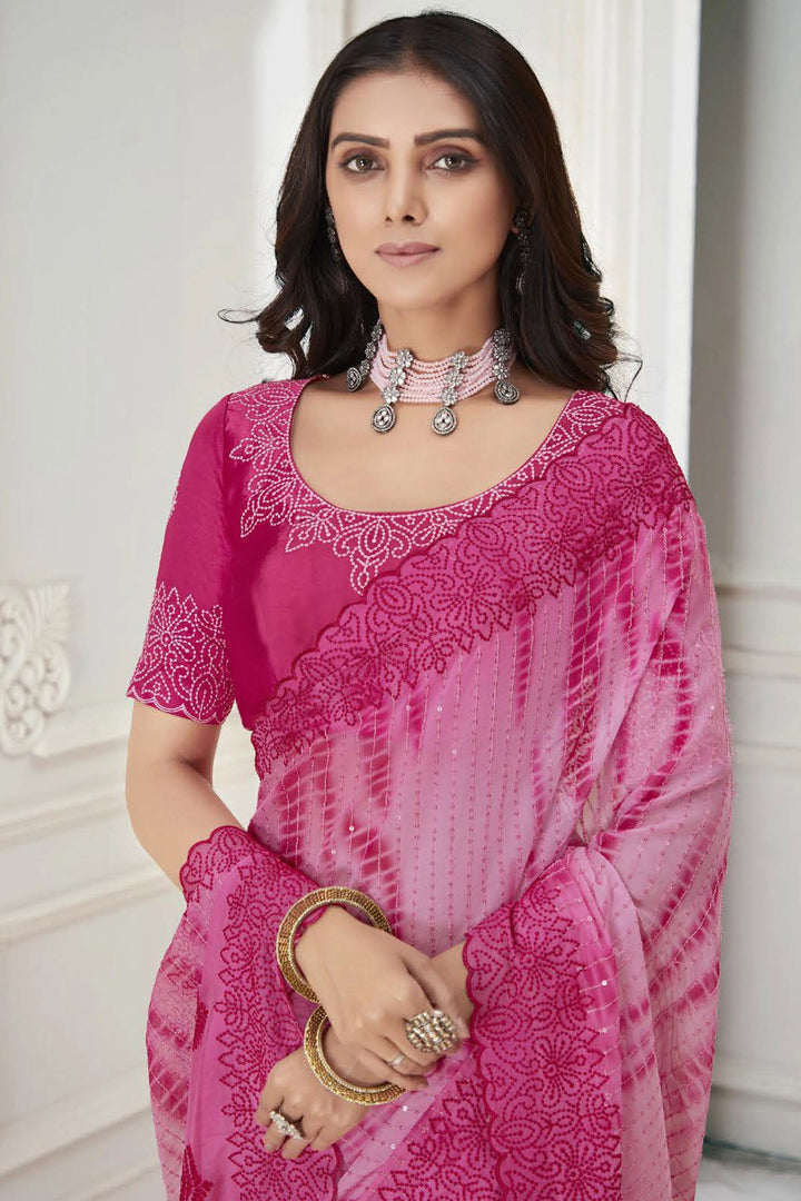 Pink Color Georgette and Chiffon Fabric Engaging Saree With Embroidered Work