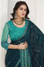 Load image into Gallery viewer, Excellent Chiffon Fabric Teal Color Saree With Embroidered Work
