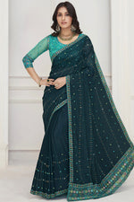 Load image into Gallery viewer, Excellent Chiffon Fabric Teal Color Saree With Embroidered Work
