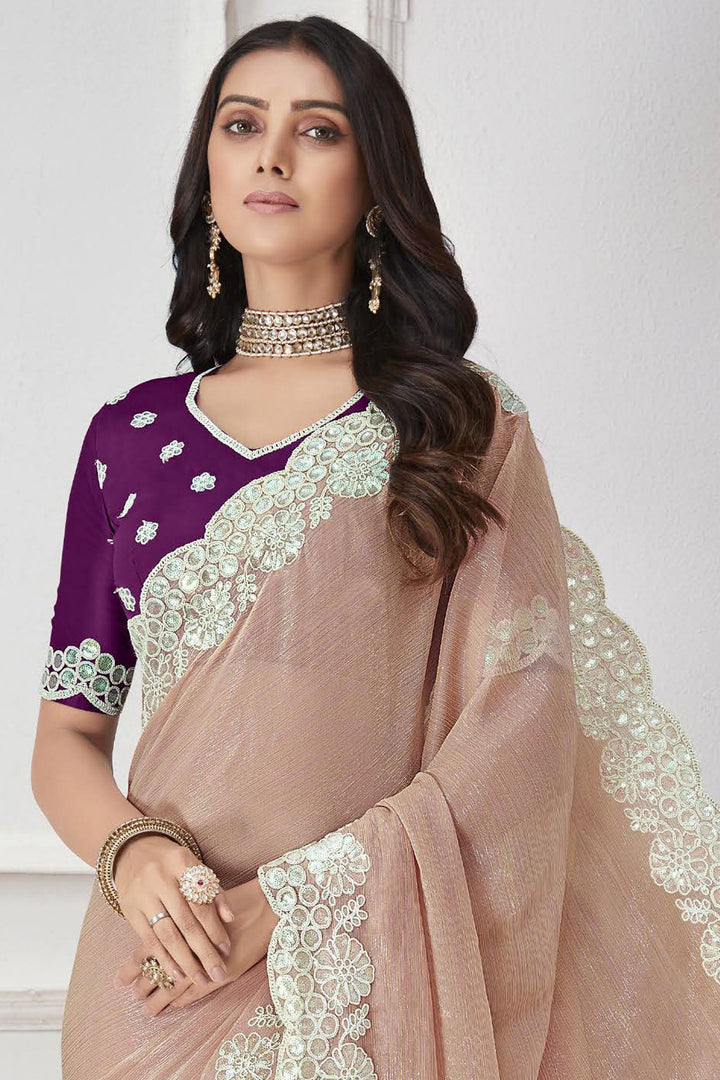 Incredible Embroidered Work On Chiffon Fabric Peach Color Saree