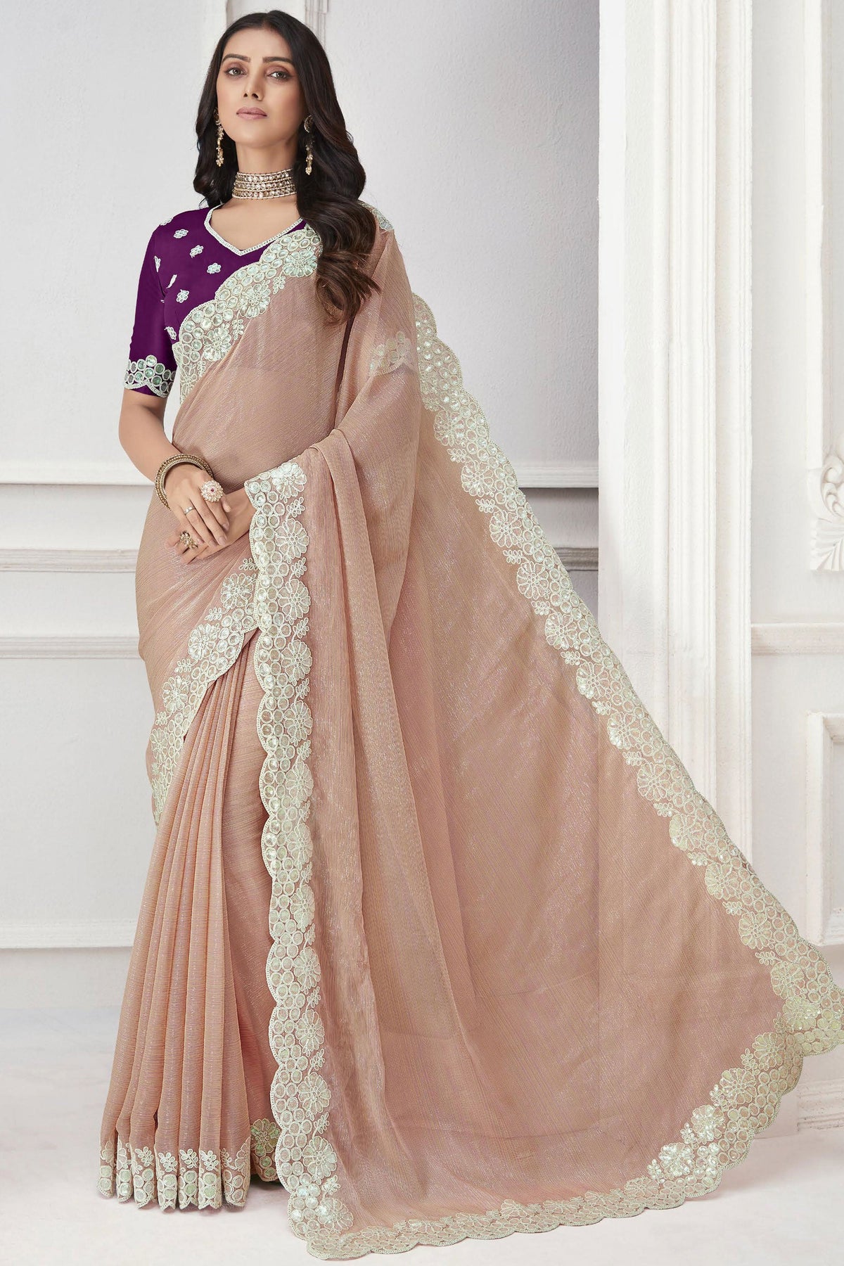 Incredible Embroidered Work On Chiffon Fabric Peach Color Saree