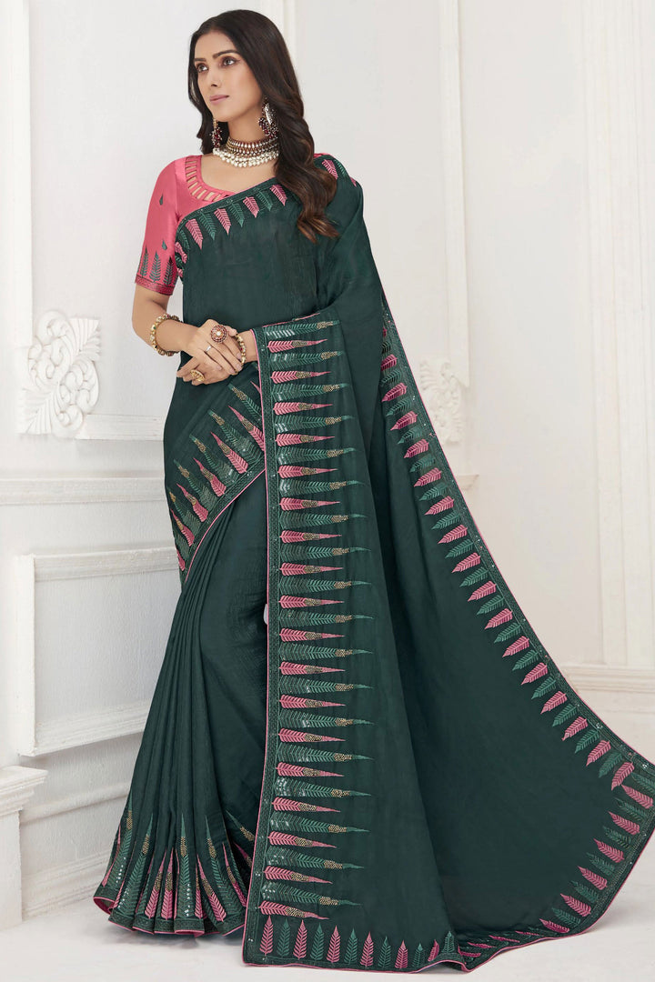 Crepe Fabric Teal Color Delicate Saree With Embroidered Work