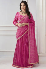 Load image into Gallery viewer, Engaging Rani Color Organza and Net Fabric Saree With Embroidered Work
