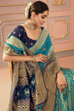 Load image into Gallery viewer, Cyan Color Embroidered Work Pleasant Sangeet Function Silk Saree
