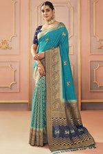 Load image into Gallery viewer, Cyan Color Embroidered Work Pleasant Sangeet Function Silk Saree
