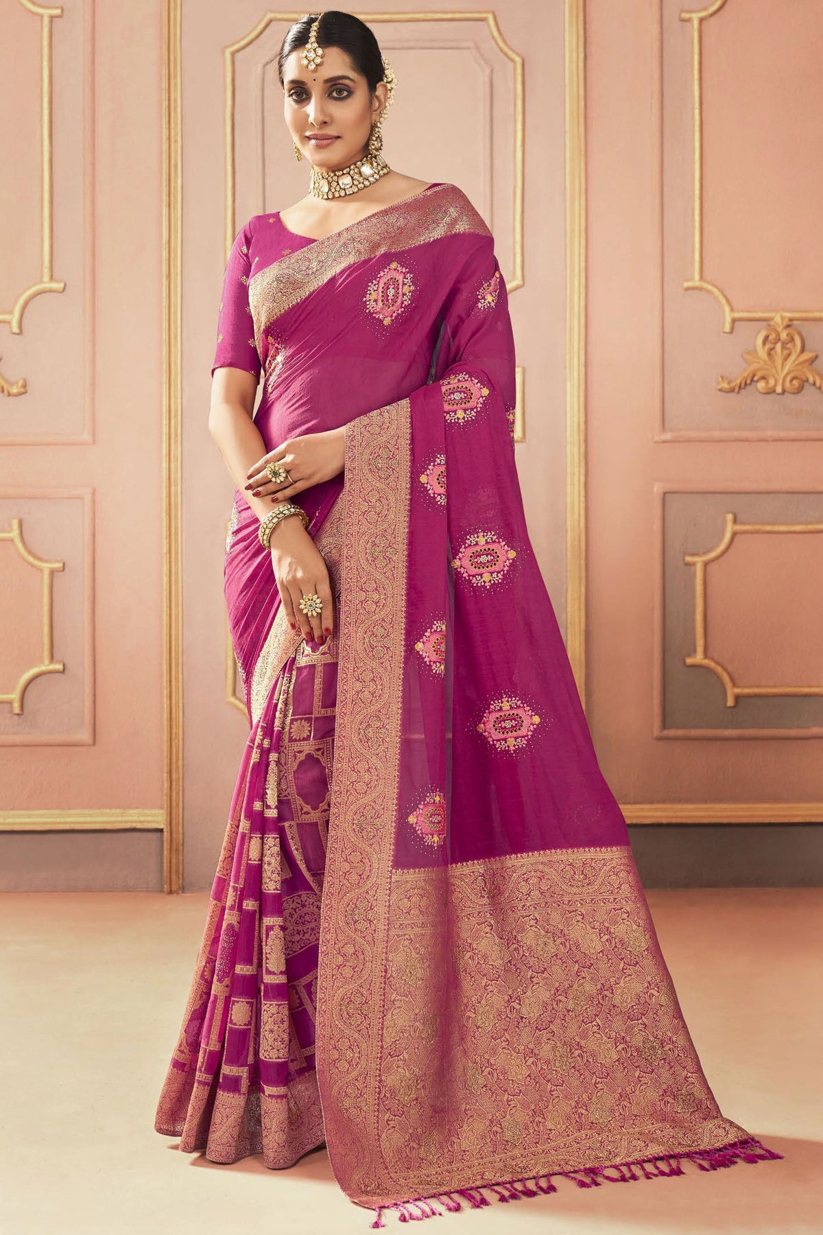 Magenta Color Embroidered Work Brilliant Sangeet Function Silk Saree