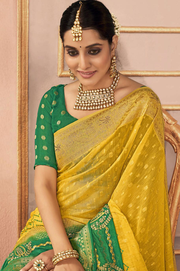 Embroidered Work Imposing Sangeet Function Silk Saree In Mustard Color