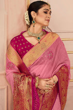 Load image into Gallery viewer, Embroidered Work Soothing Sangeet Function Silk Saree In Pink Color
