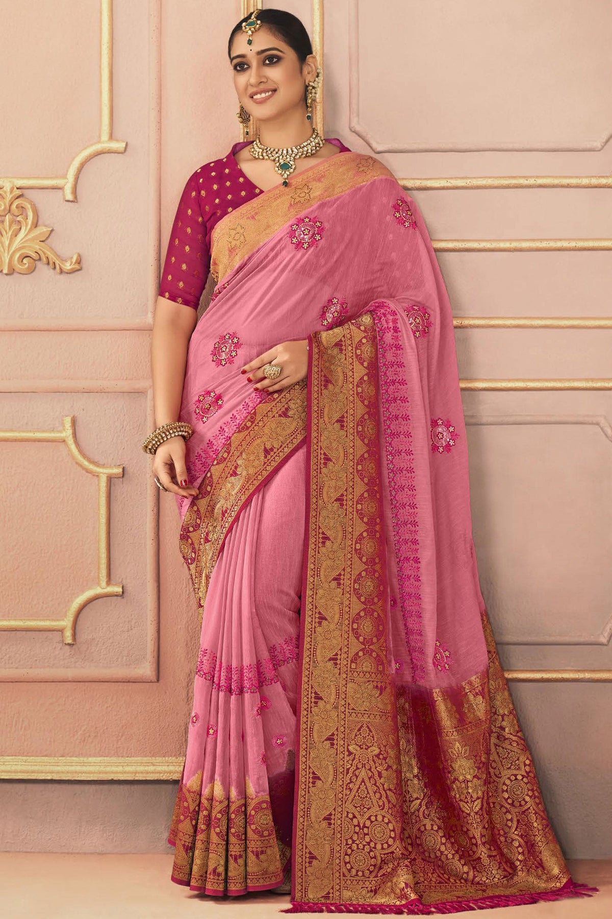 Embroidered Work Soothing Sangeet Function Silk Saree In Pink Color