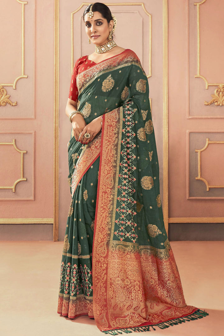 Dark Green Color Glorious Sangeet Function Silk Saree With Embroidered Work
