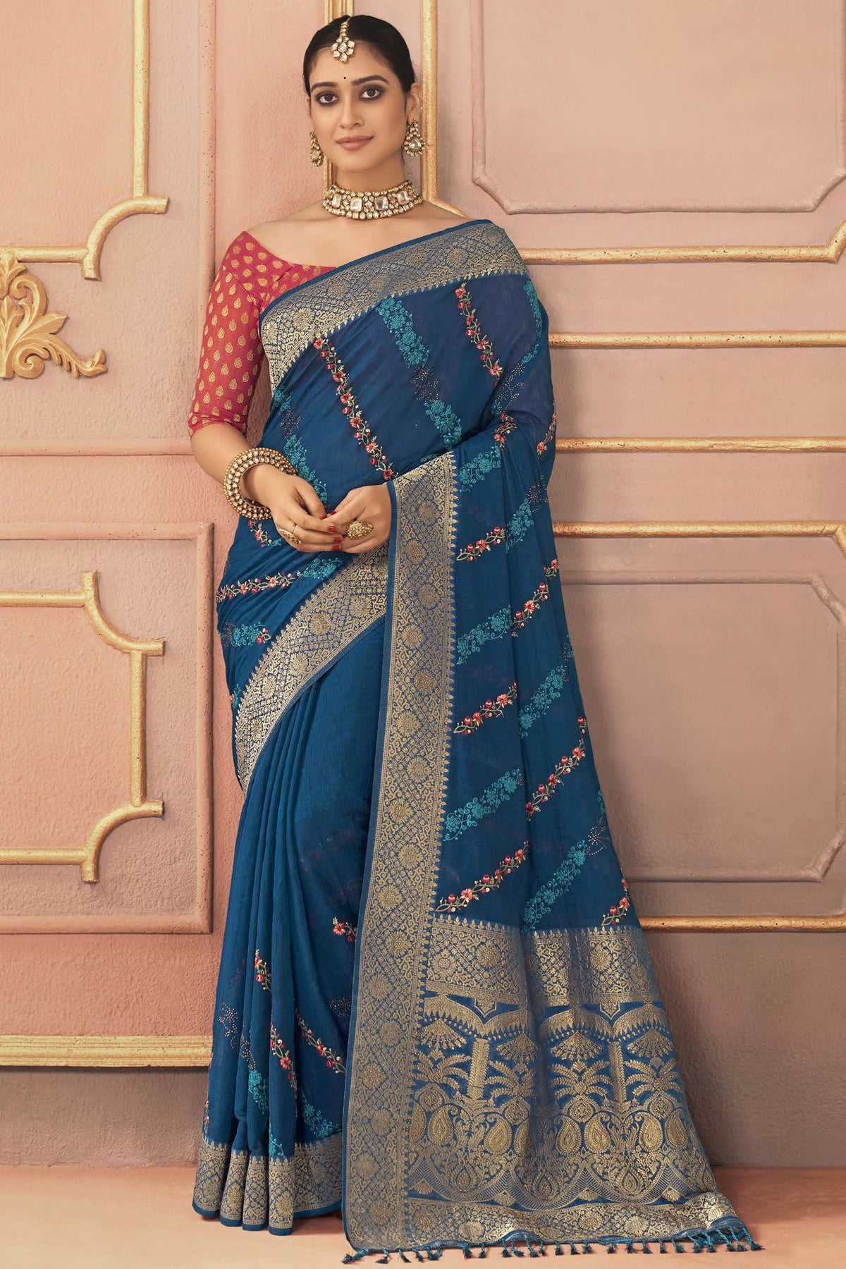 Blue Color Embroidered Work Glamorous Sangeet Function Silk Saree