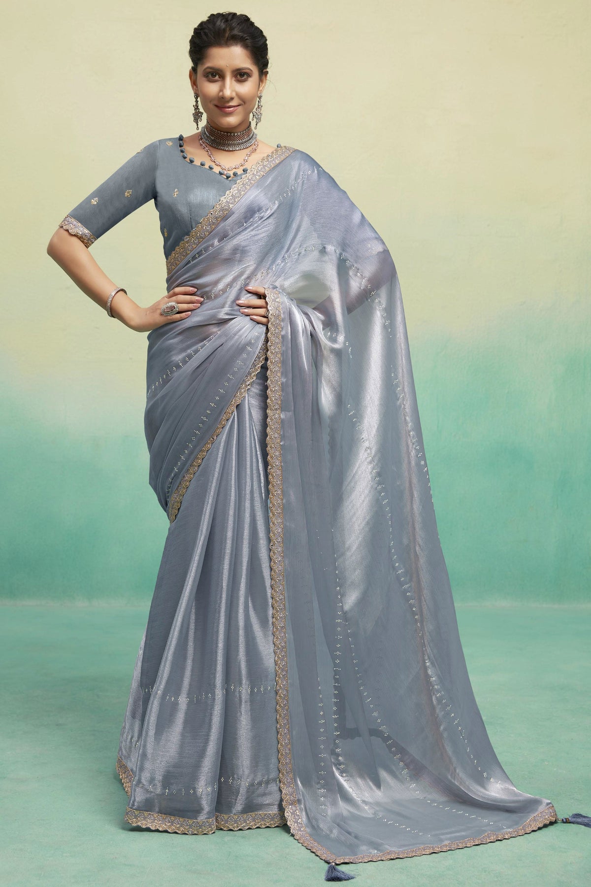 Grey Color Chiffon Fabric Lace Border Work Party Style Saree With Embroidered Blouse