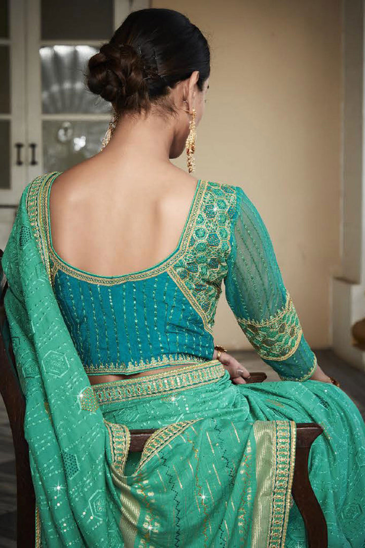 Festive Look Sea Green Color Silk Fabric Saree With Embroidered Designer Blouse