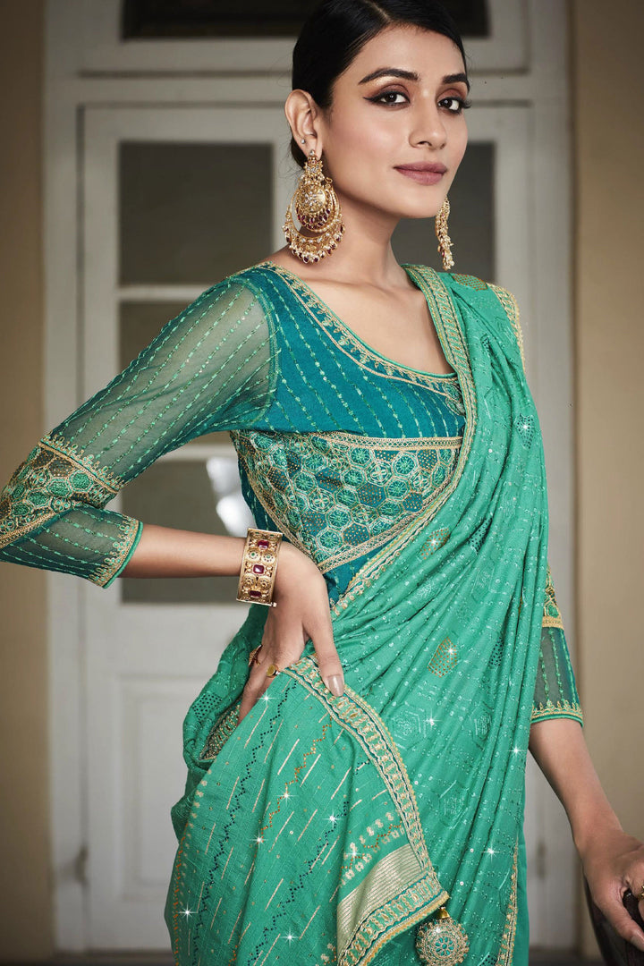 Festive Look Sea Green Color Silk Fabric Saree With Embroidered Designer Blouse