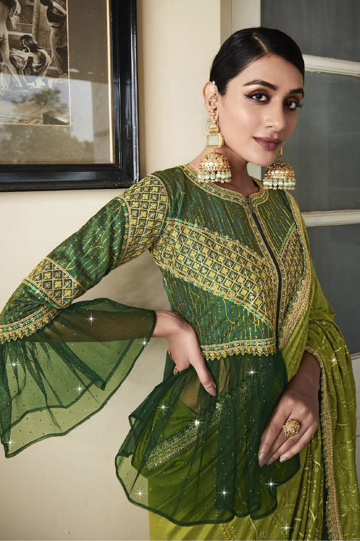 Green Silk Fabric Festive Wear Saree With Embroidered Designer Blouse