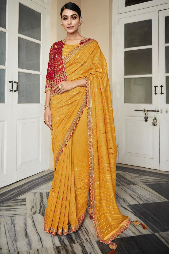 Silk Fabric Yellow Saree With Embroidered Designer Blouse