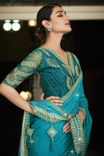 Load image into Gallery viewer, Cyan Color Festive Style Silk Fabric Saree With Embroidered Designer Blouse
