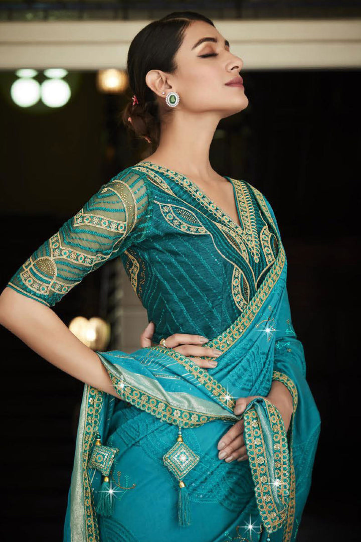 Cyan Color Festive Style Silk Fabric Saree With Embroidered Designer Blouse