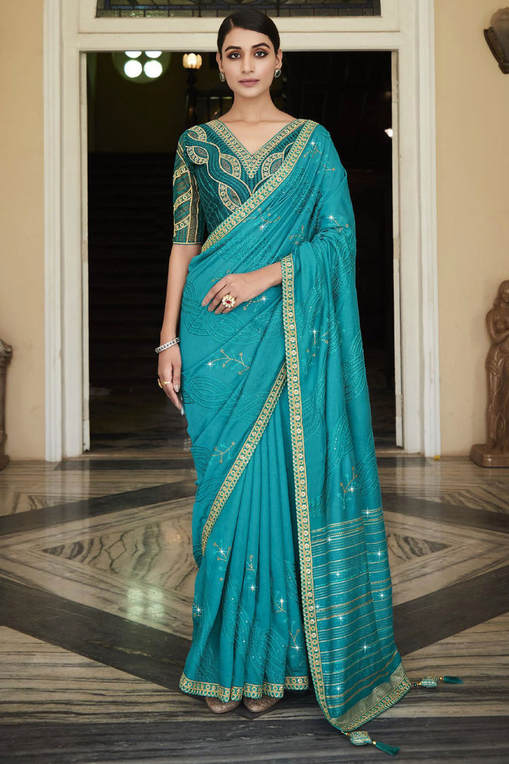 Cyan Color Festive Style Silk Fabric Saree With Embroidered Designer Blouse