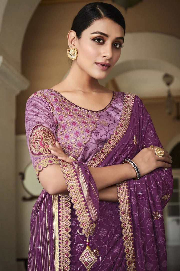 Purple Color Silk Fabric Festive Saree With Embroidered Designer Blouse
