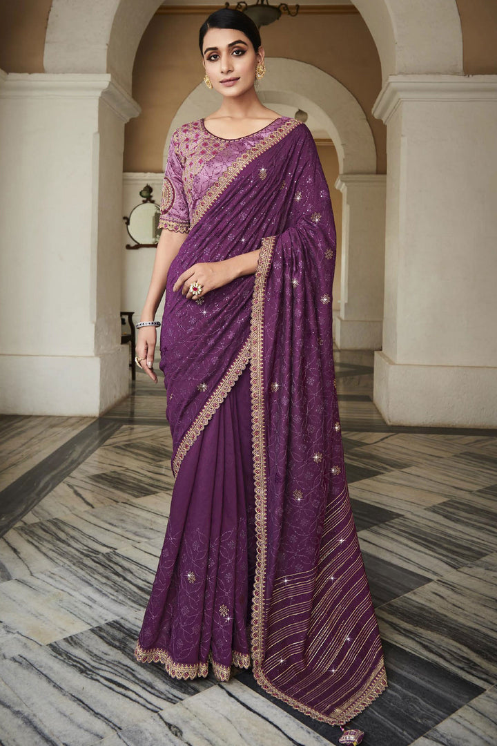 Purple Color Silk Fabric Festive Saree With Embroidered Designer Blouse