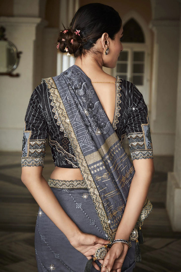 Grey Color Festive Look Silk Fabric Trendy Saree With Embroidered Designer Blouse