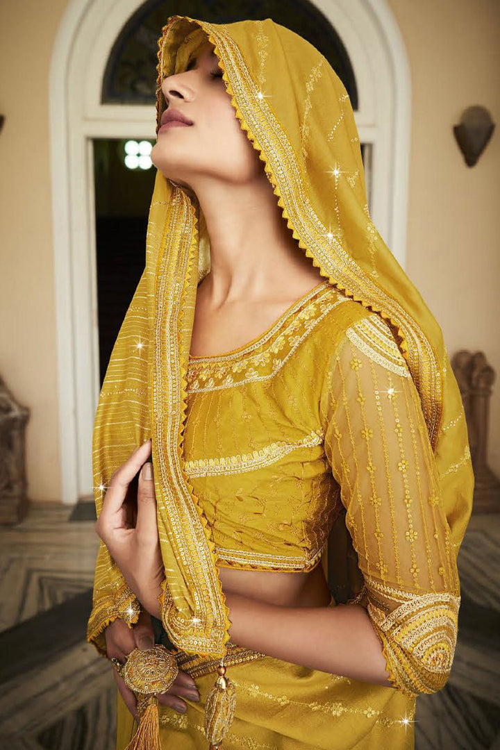 Mustard Color Party Wear silk Saree With Embroidered Designer Blouse
