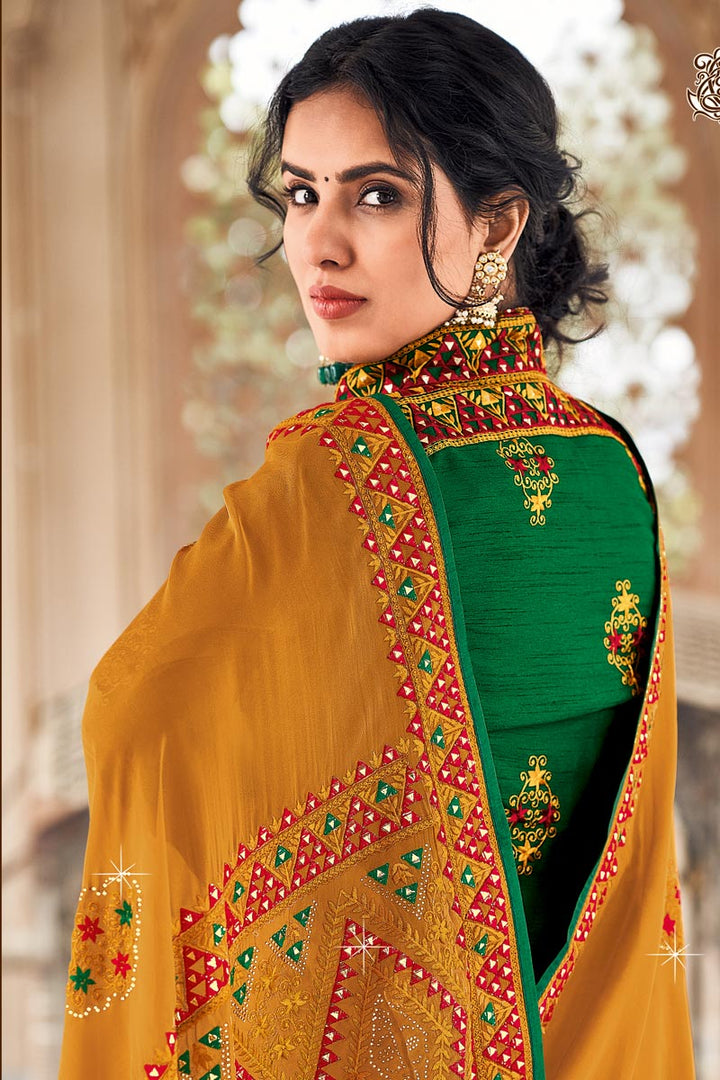 Mustard Color Georgette Silk Silk Fabric Party Style Vintage Saree