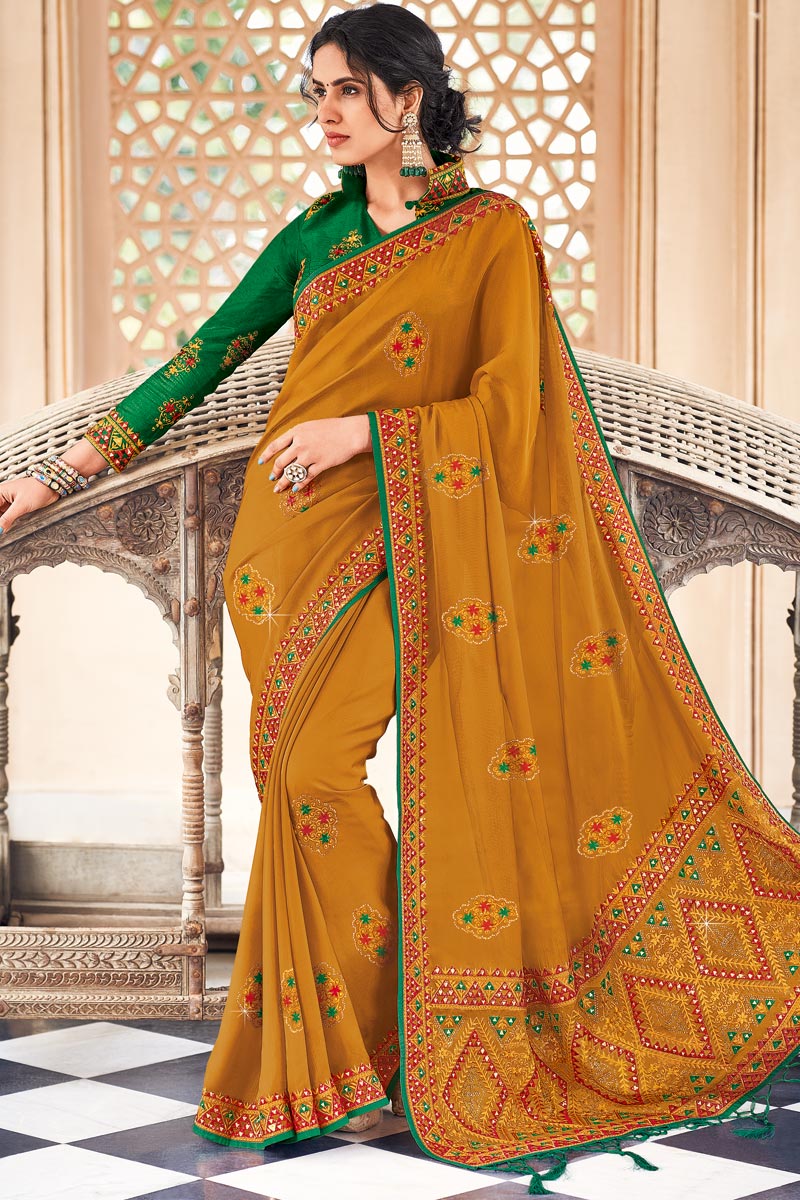 Mustard Color Georgette Silk Silk Fabric Party Style Vintage Saree