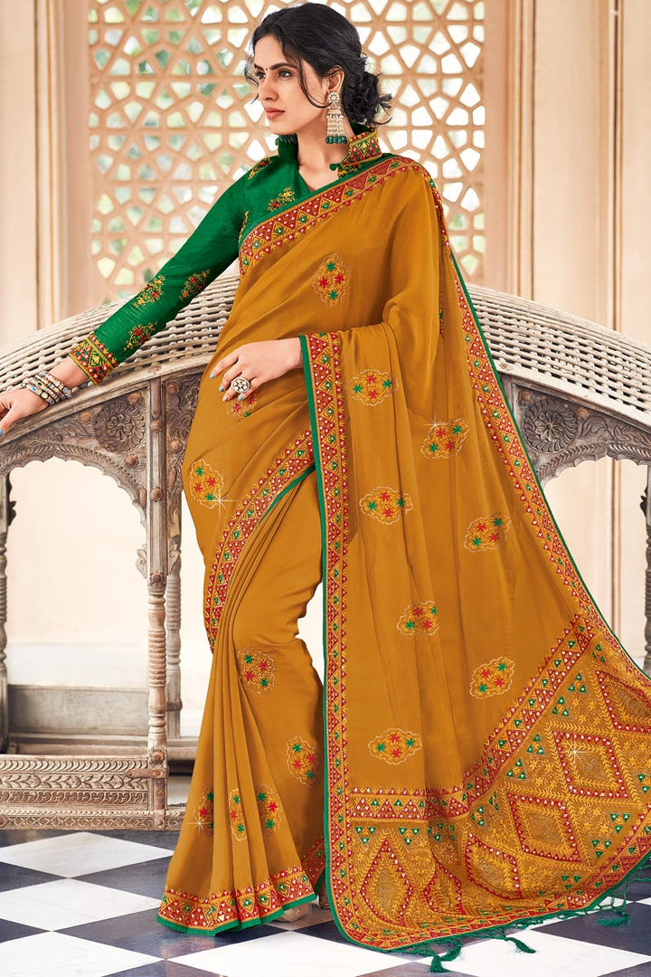 Mustard Color Georgette Silk Silk Fabric Party Style Vintage Saree