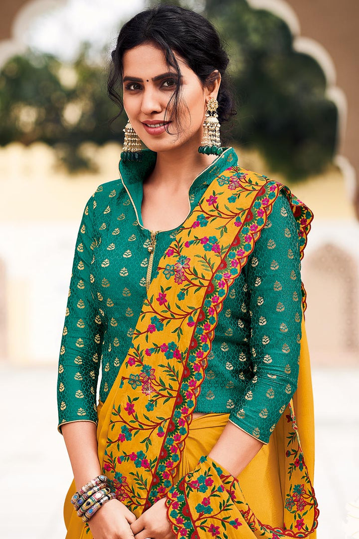 Satin Silk Fabric Yellow Color Party Style Embellished Saree