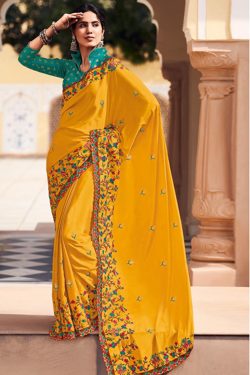 Satin Silk Fabric Yellow Color Party Style Embellished Saree
