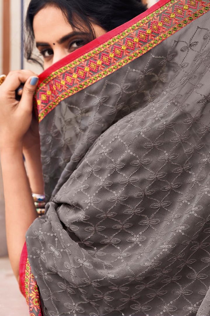 Grey Color Chiffon Fabric Party Look Winsome Saree