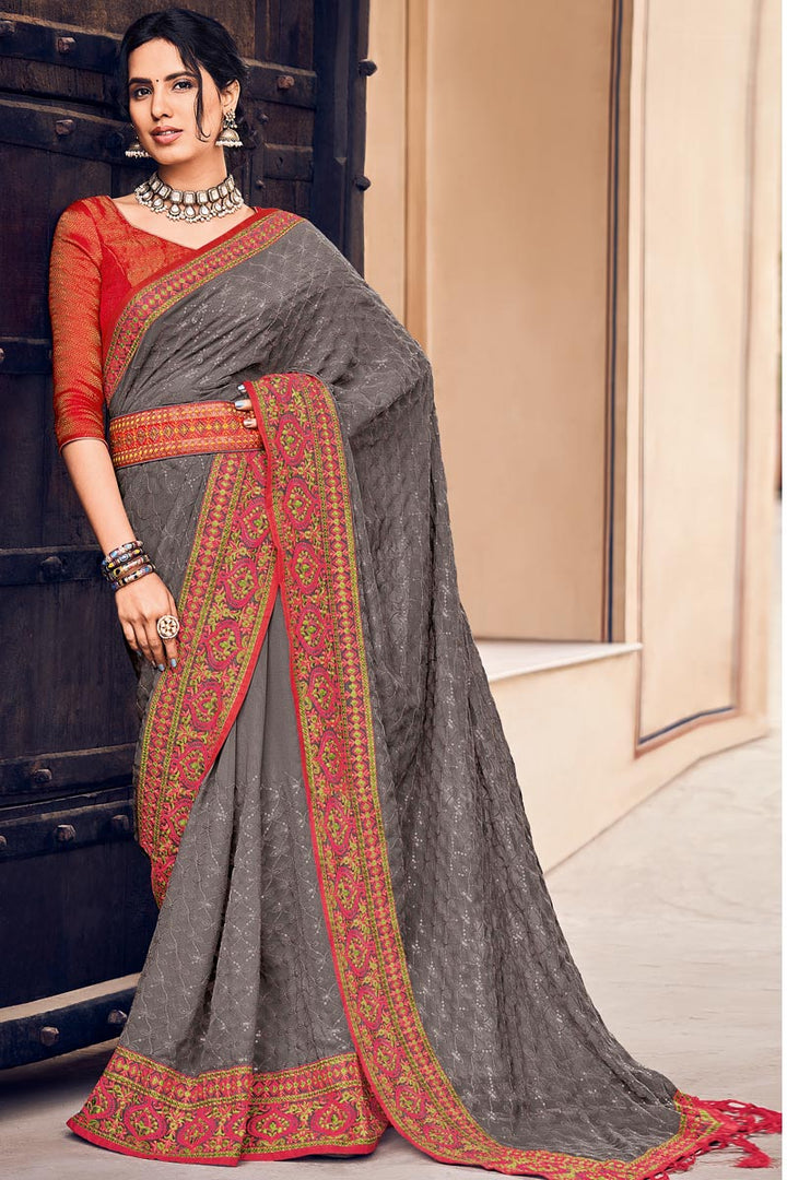 Grey Color Chiffon Fabric Party Look Winsome Saree
